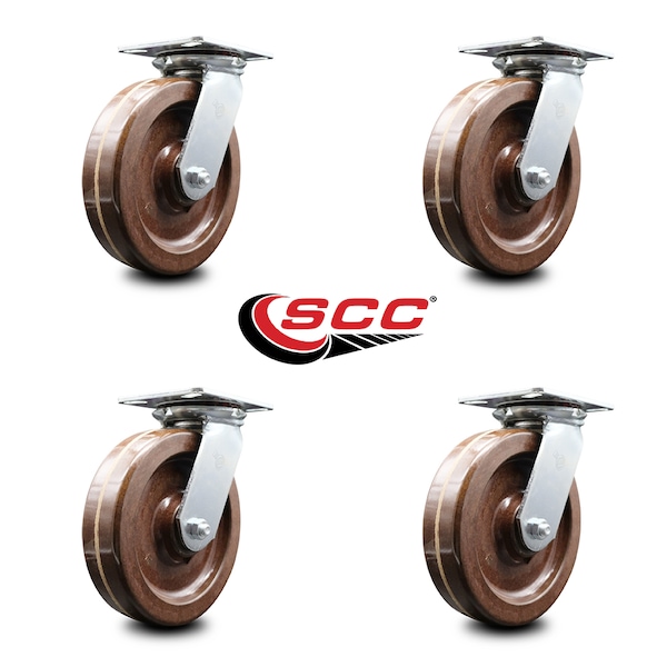 8 Inch Heavy Duty High Temp Phenolic Caster Set With Roller Bearings, 4PK